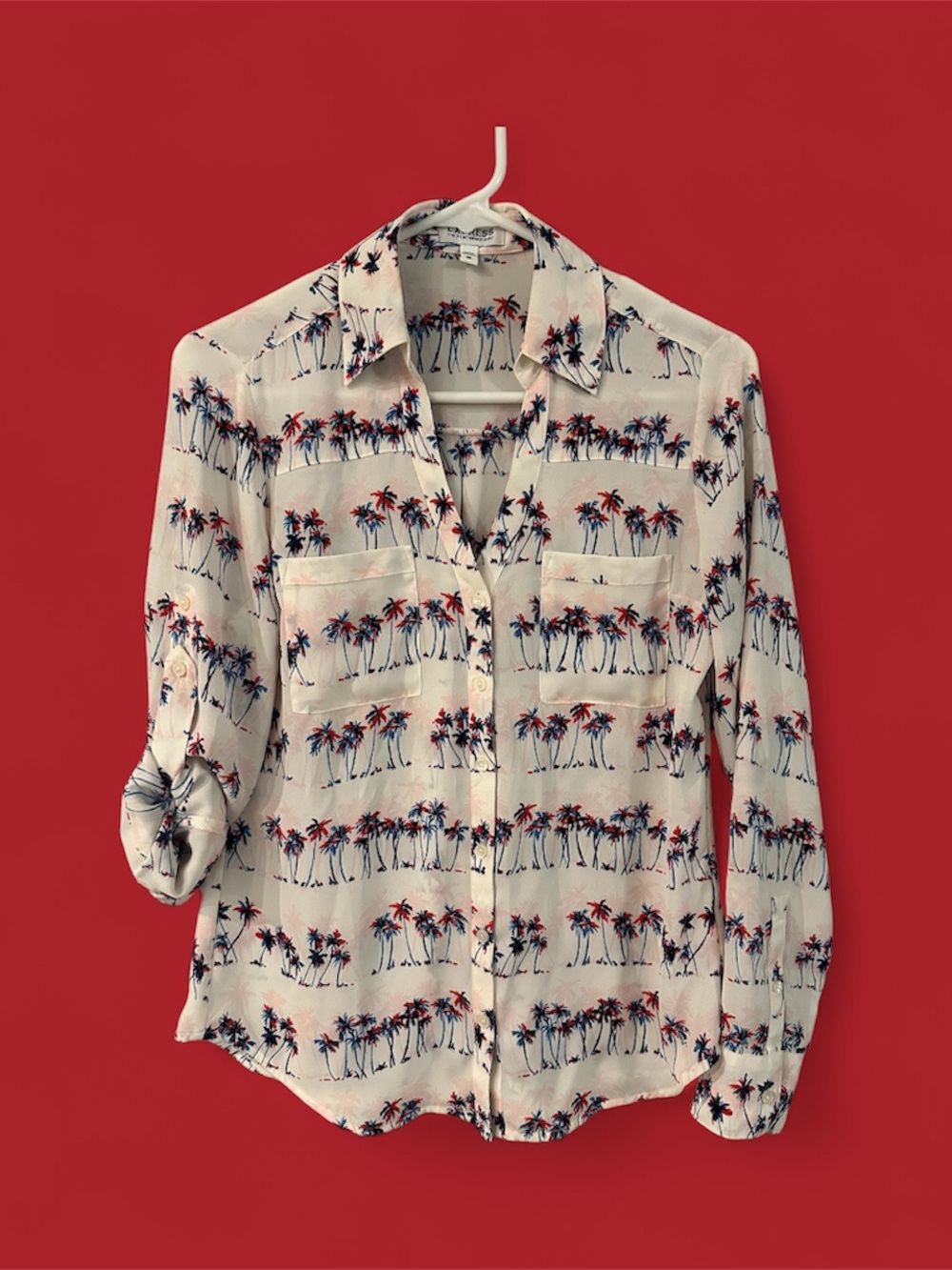 Express Portofino Palm Print Shirt - Cream with Blue & Red